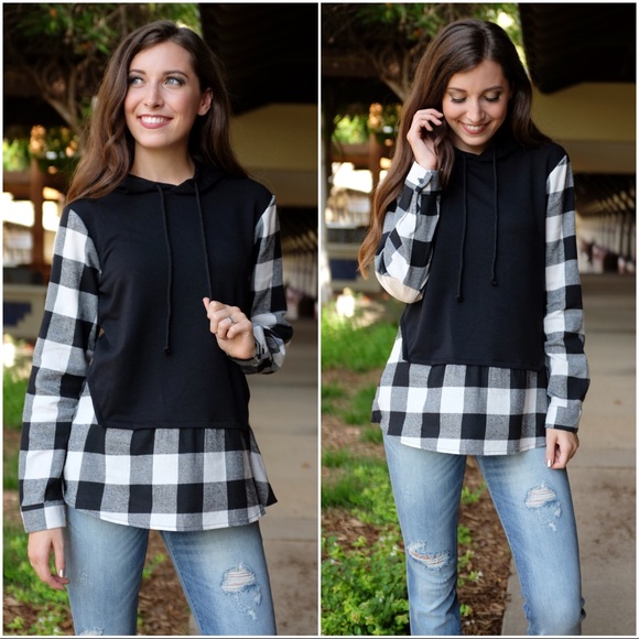 ✨LAST ONE✨ Black Check Plaid Hoodie w/Suede Elbow - Picture 2 of 3